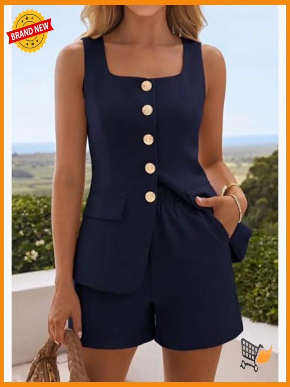 Matching Two Piece Set Vest Top and Shorts Summer Outfits Sleeveless Square Neck
